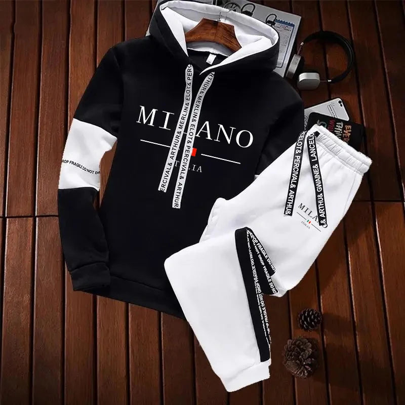 Tuta Da Uomo Monopezzo Con Cappuccio Stampa Casual Nero Bianco Abbigliamento Sportivo Autunno Inverno