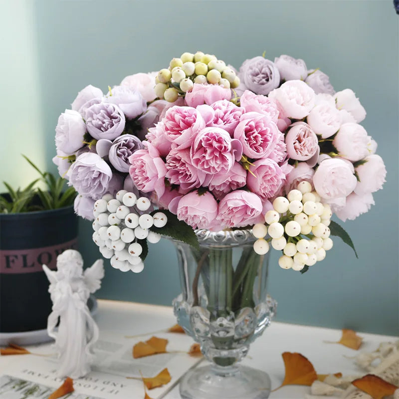 Rosa Rosa Peonia Fiori Artificiali In Seta Bouquet Da 27 Teste Per Vaso Da Tavolo Decorazione Nozze Casa