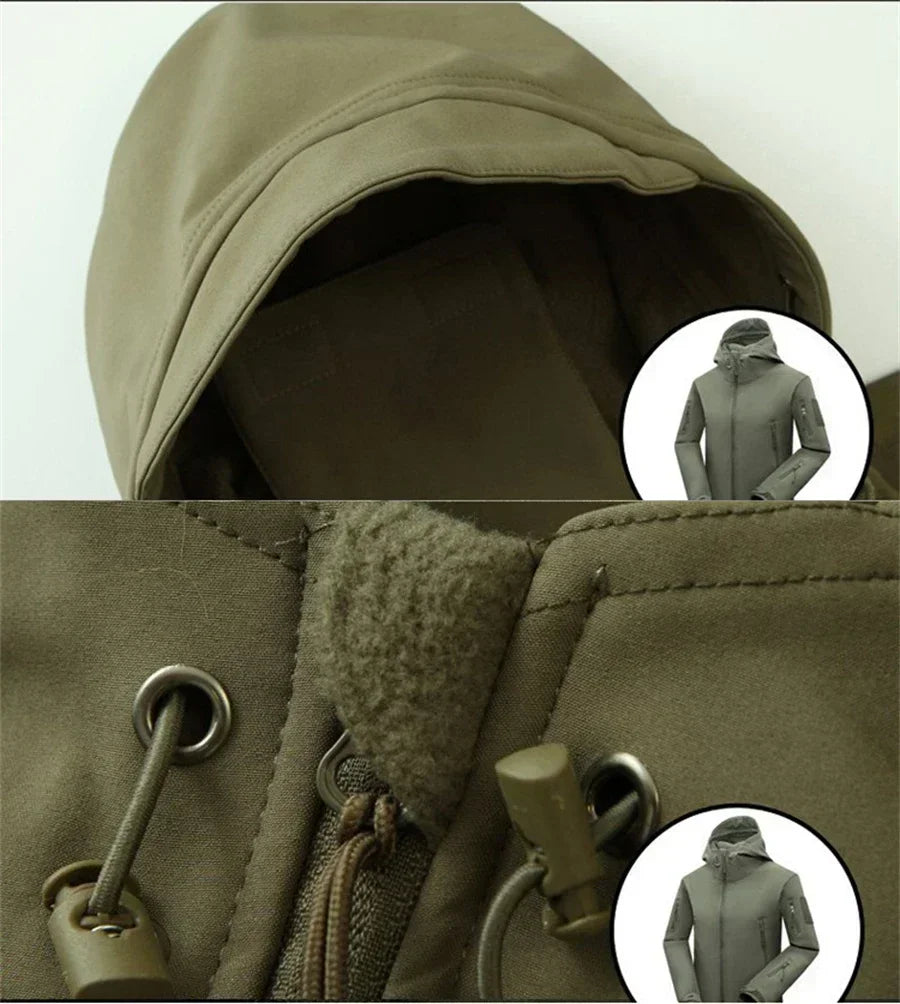 Completo Tattico Mimetico Uomo Giacca Impermeabile Con Cappuccio Zip Pantaloni Softshell Militari Tuta Invernale Pile