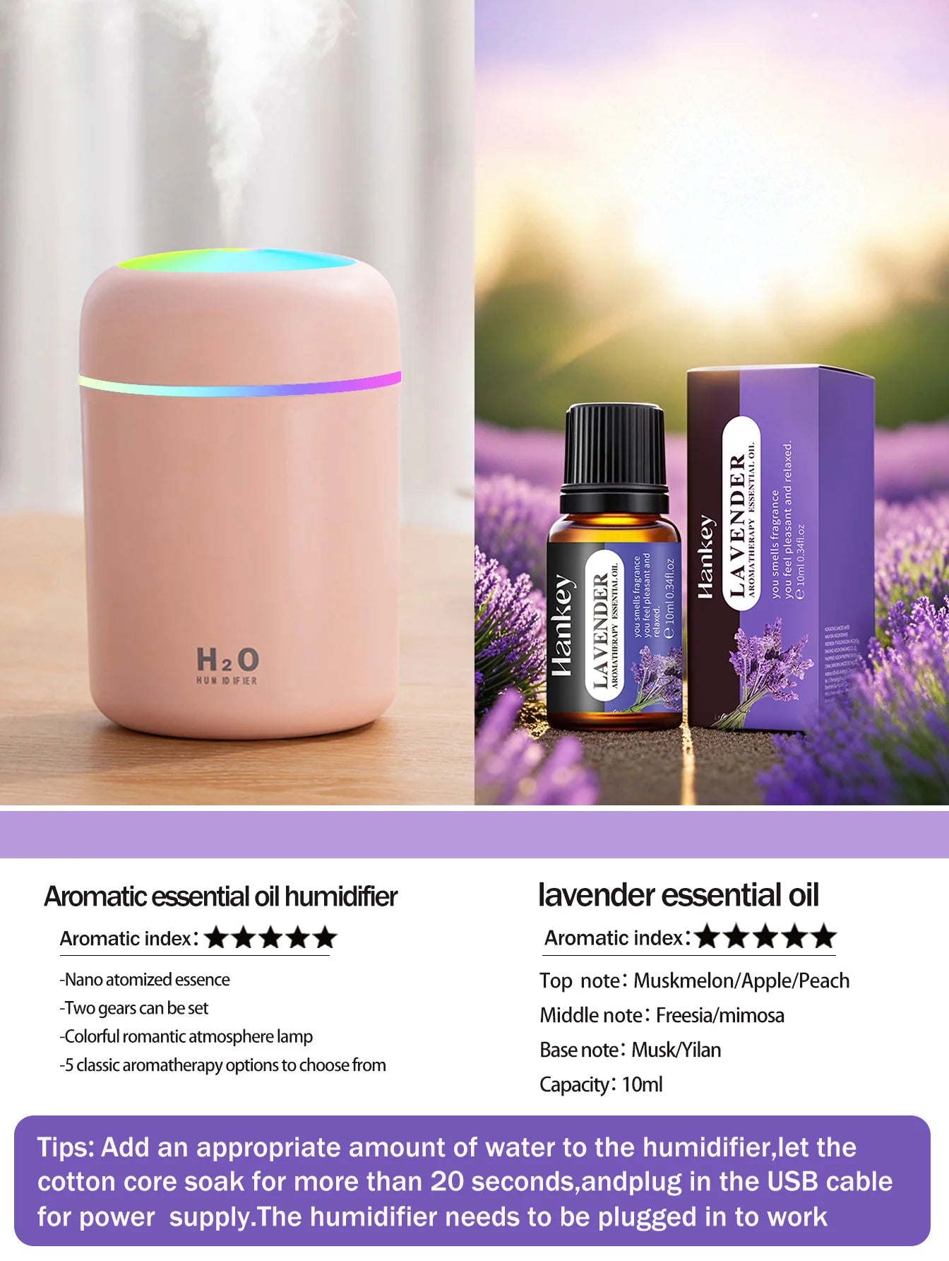 Diffusore Aromaterapia Umidificatore Purificatore D'Aria 300ml Luce a Sette Colori Olio Essenziale per Uso Domestico
