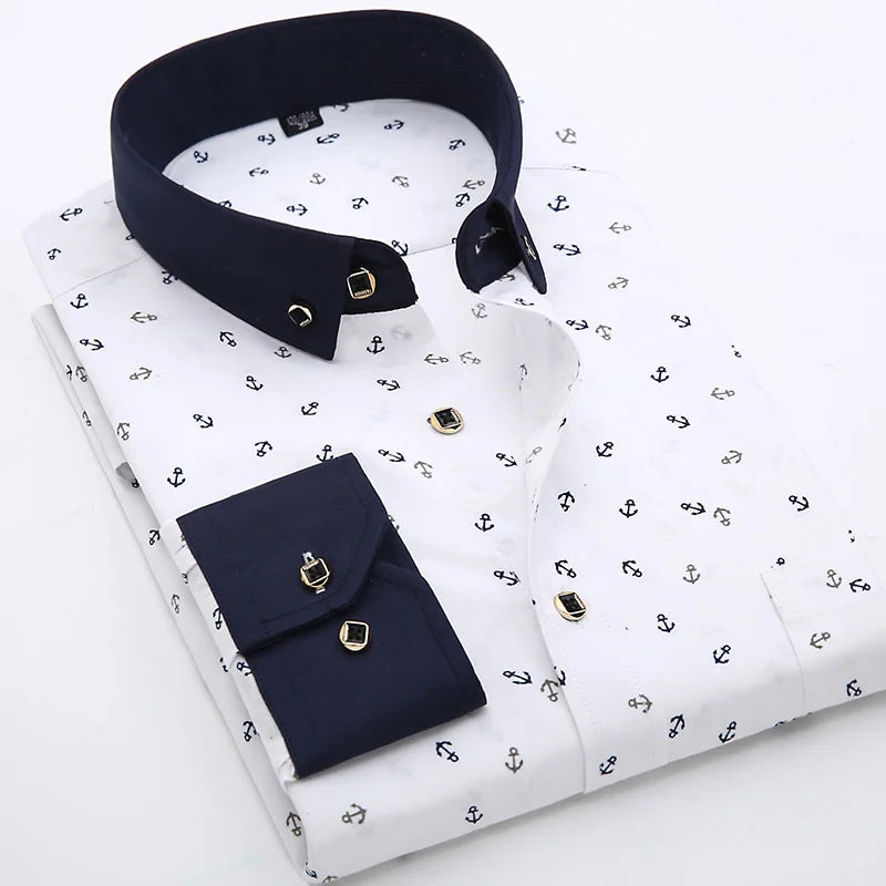 Camicia Da Uomo Maniche Lunghe Stampa Color Block Elasticizzata Con Bottoni Per Vacanze Estive In Spiaggia
