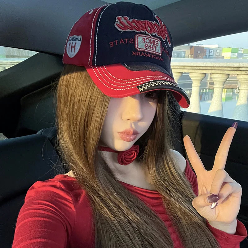 Berretto da Baseball Retrò per Donna in Denim con Lingua d'Anatra Cappello con Visiera Rossa Vintage per Ragazza