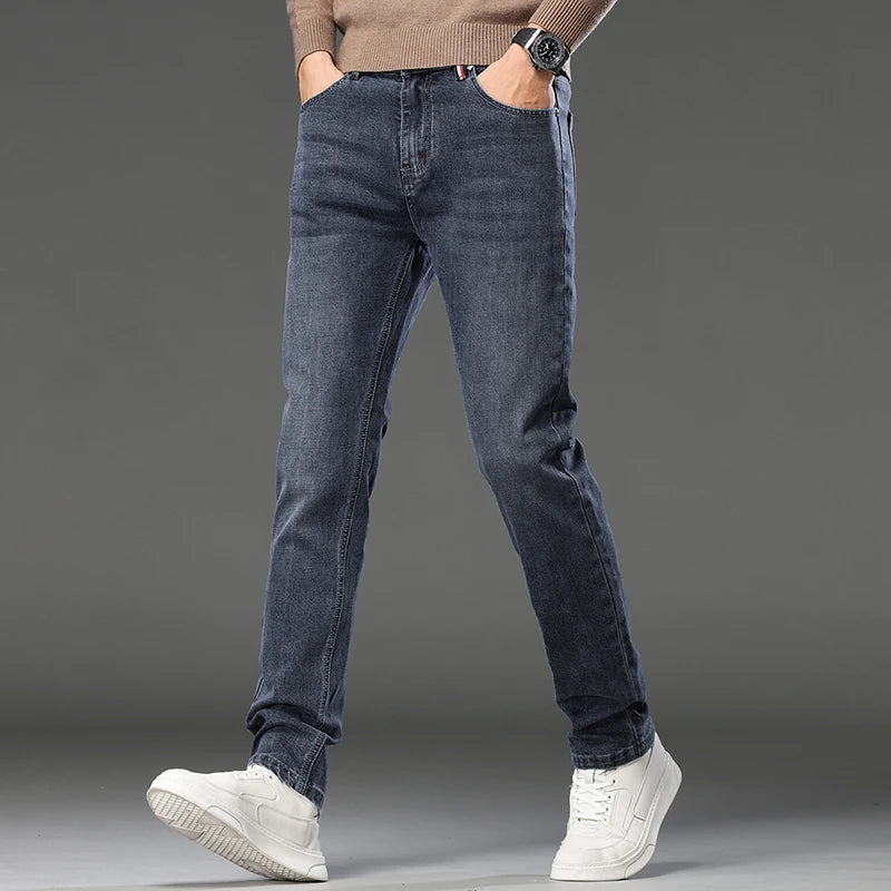 Jeans Uomo Slim Fit A Gamba Dritta Stile Europeo Pantaloni Lunghi Elasticizzati Casual Da Lavoro Versatili