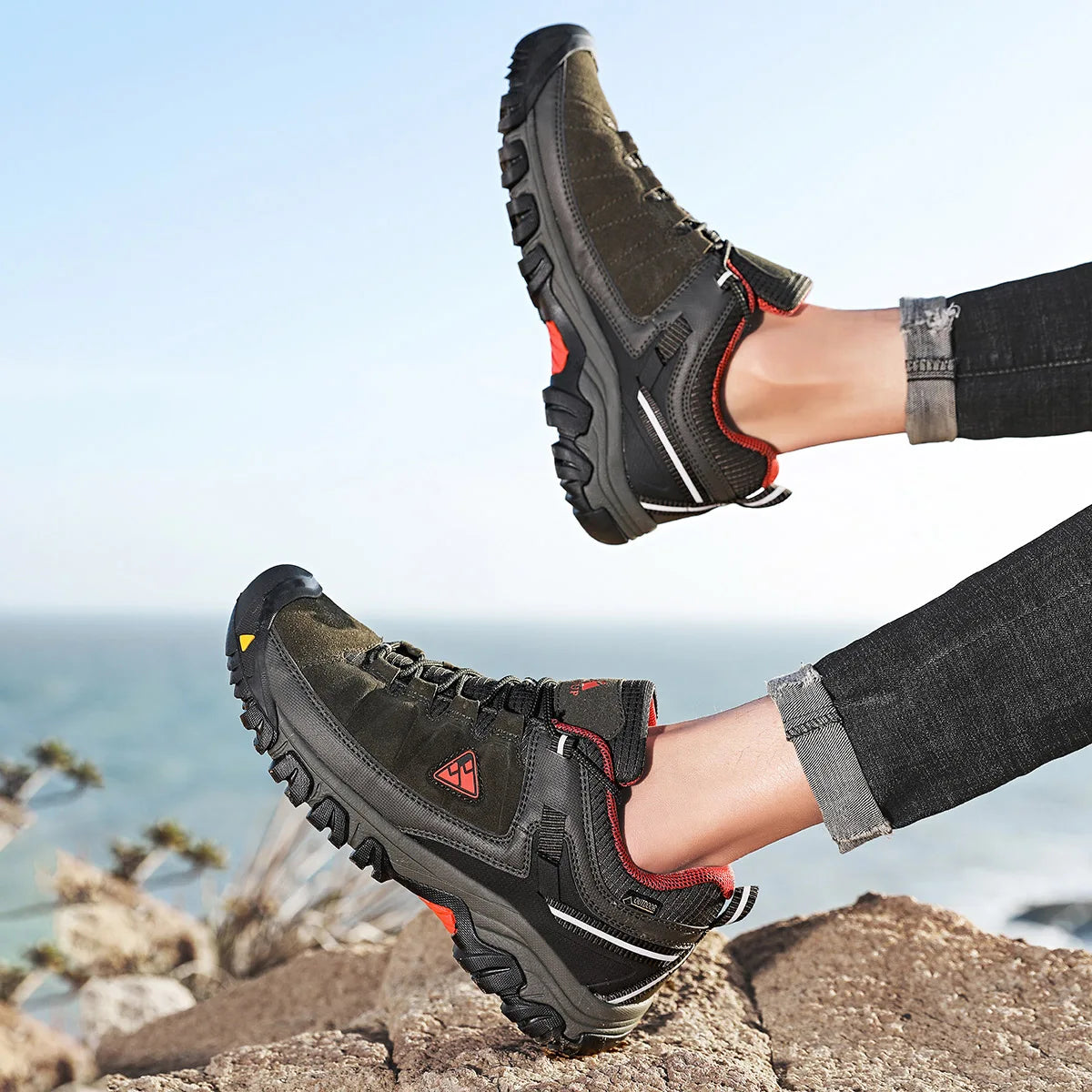 Hikeup Scarpe Trekking Uomo Pelle Alta Qualità Durevoli Esterni Suola Gomma Impermeabile