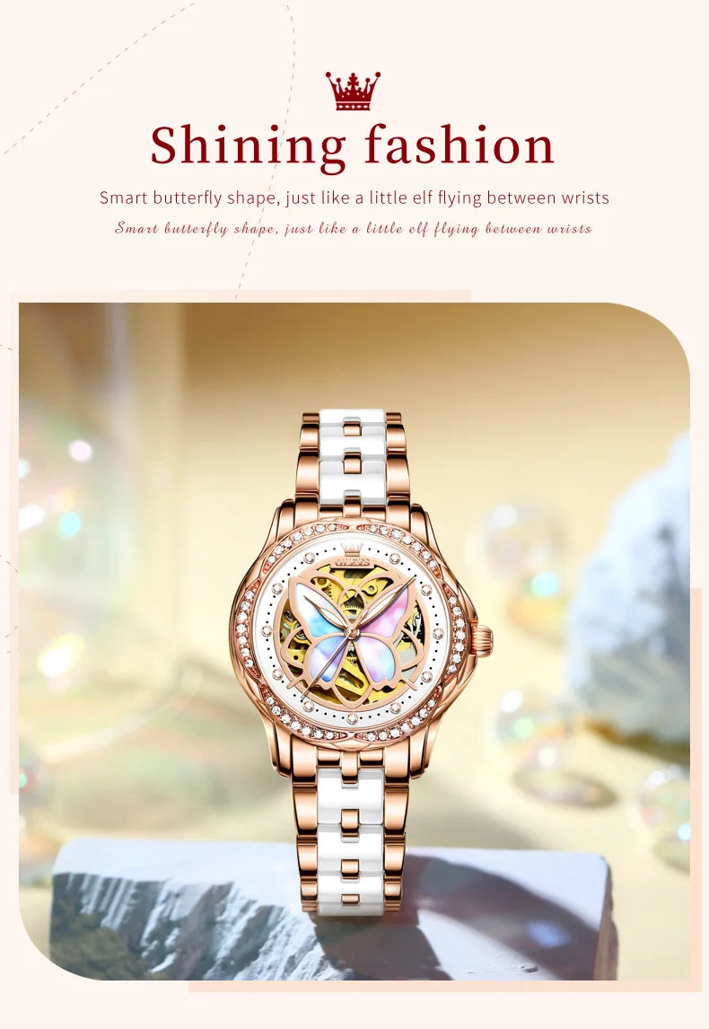 OLEVS Orologio Da Donna Meccanico Automatico In Ceramica Lunetta Originale Impermeabile Luminoso Quadrante A Farfalla