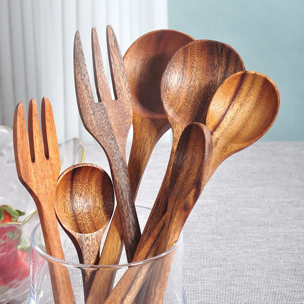 Set Da 7 Pezzi Cucchiai In Legno In Stile Occidentale Utensili Da Cucina Multiuso Per Ramen Insalata Zuppa Dessert E Tè