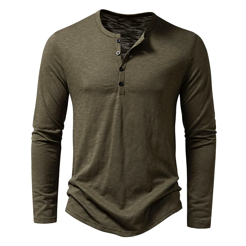 T Shirt Henley In Cotone Da Uomo Maniche Lunghe Con Colletto A Bottoni Casual Streetwear Traspirante