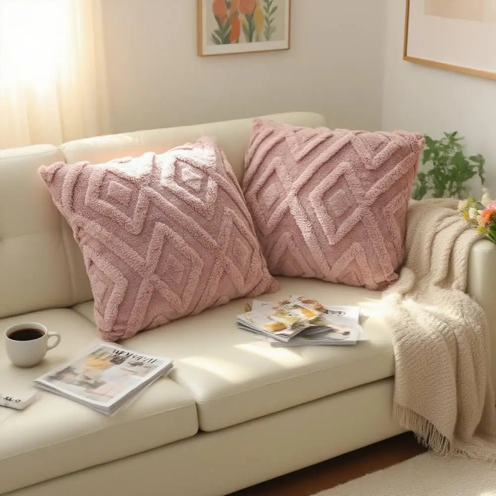 Due Fodere Per Cuscini In Peluche Artificiale Con Motivo Geometrico Per Biancheria Da Letto E Decorazioni Per La Casa