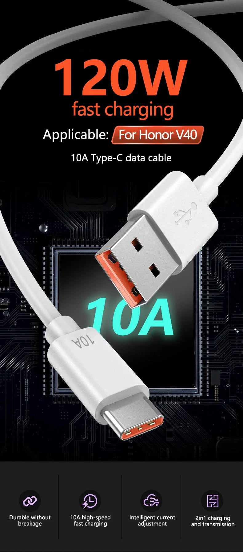 Cavo USB A A USB C 120W 10A Ricarica Ultra Veloce Per Huawei P40 Honor Xiaomi Redmi Dati 0,3m 1m 1,5m 2m