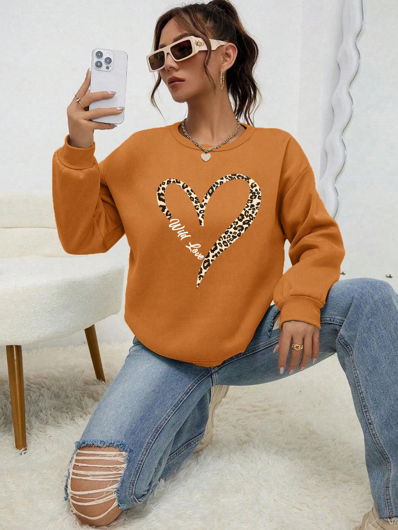 Felpa Da Donna Con Stampa Cuore Leopardato Selvaggio Fodera In Pelliccia Girocollo All Match Abbigliamento Hipster