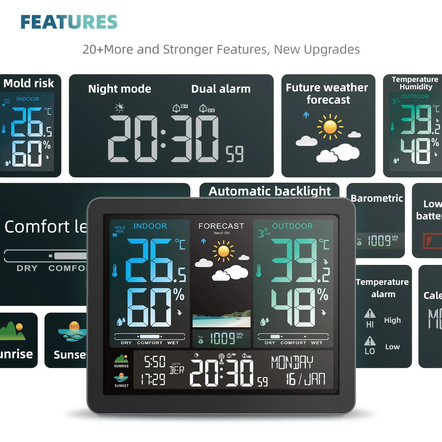 Stazione Meteorologica Multifunzionale Con Sveglia Termometro Igrometro Digitale Schermo Tattile Esterno Wireless