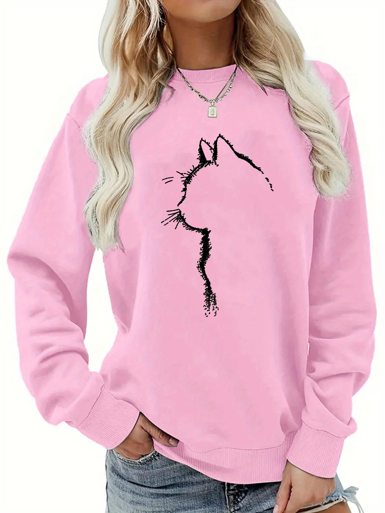 Pullover da Donna Autunno Inverno Casual Ampio con Motivo Gatto Caldo Stampato Girocollo a Maniche Lunghe