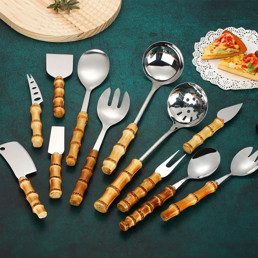 Pala Frittura In Acciaio Inossidabile Con Manico In Bambù Naturale E Cucchiaio Zuppa Giapponese Set Utensili Cucina