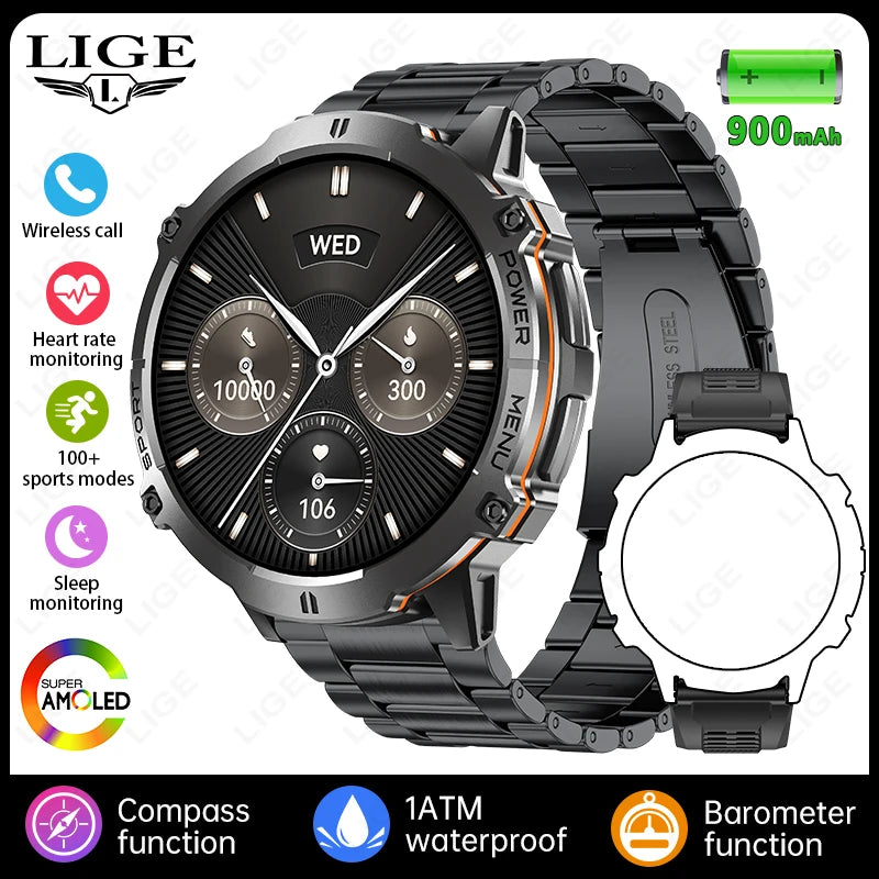 LIGE Orologio Smartwatch Uomo Con Display AMOLED Altimetro Barometro Bussola Batteria 900mAh Ultra Lunga Durata Sportivo