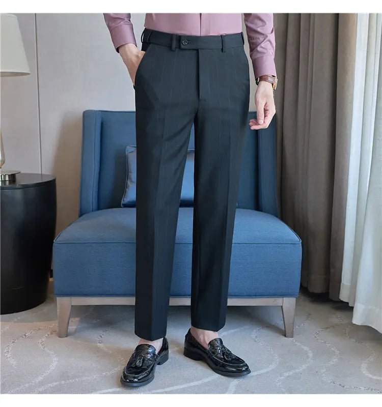 Pantaloni Da Abito Inverno In Lana Spessa Con Vita Elastica Gessati E Tinta Unita Per Uomo