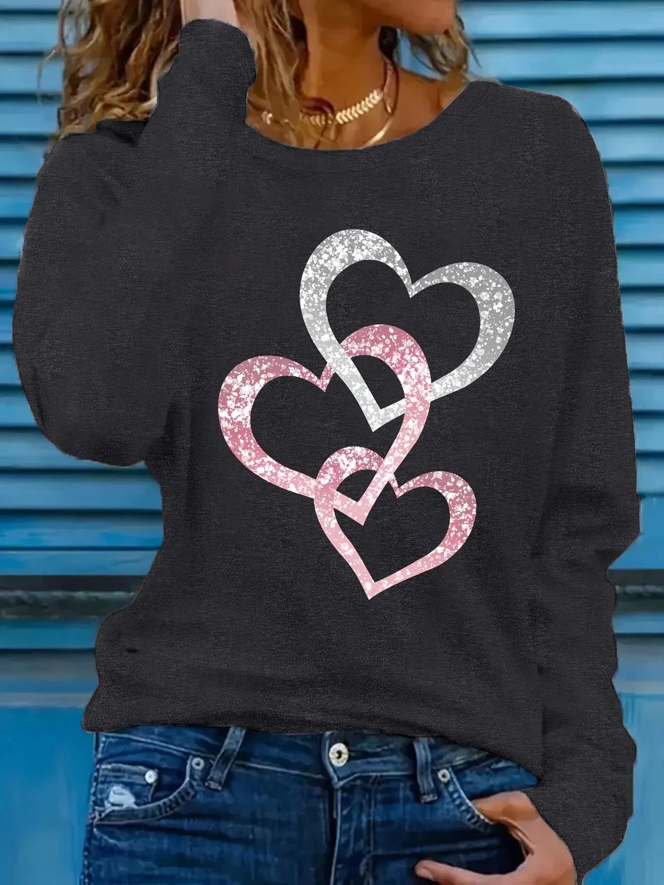 T Shirt Da Donna Maniche Lunghe Con Scollo Tondo Stampa Amore Brillante Moda Casual In Cotone Puro Primavera Autunno