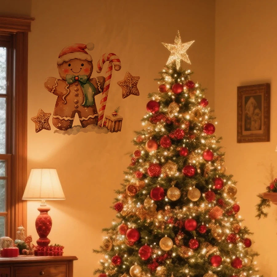 Decalcomania Da Muro Omino Pan Di Zenzero Natale Con Cappello Babbo Natale E Sciarpa Verde PVC Rimovibile Per Camino