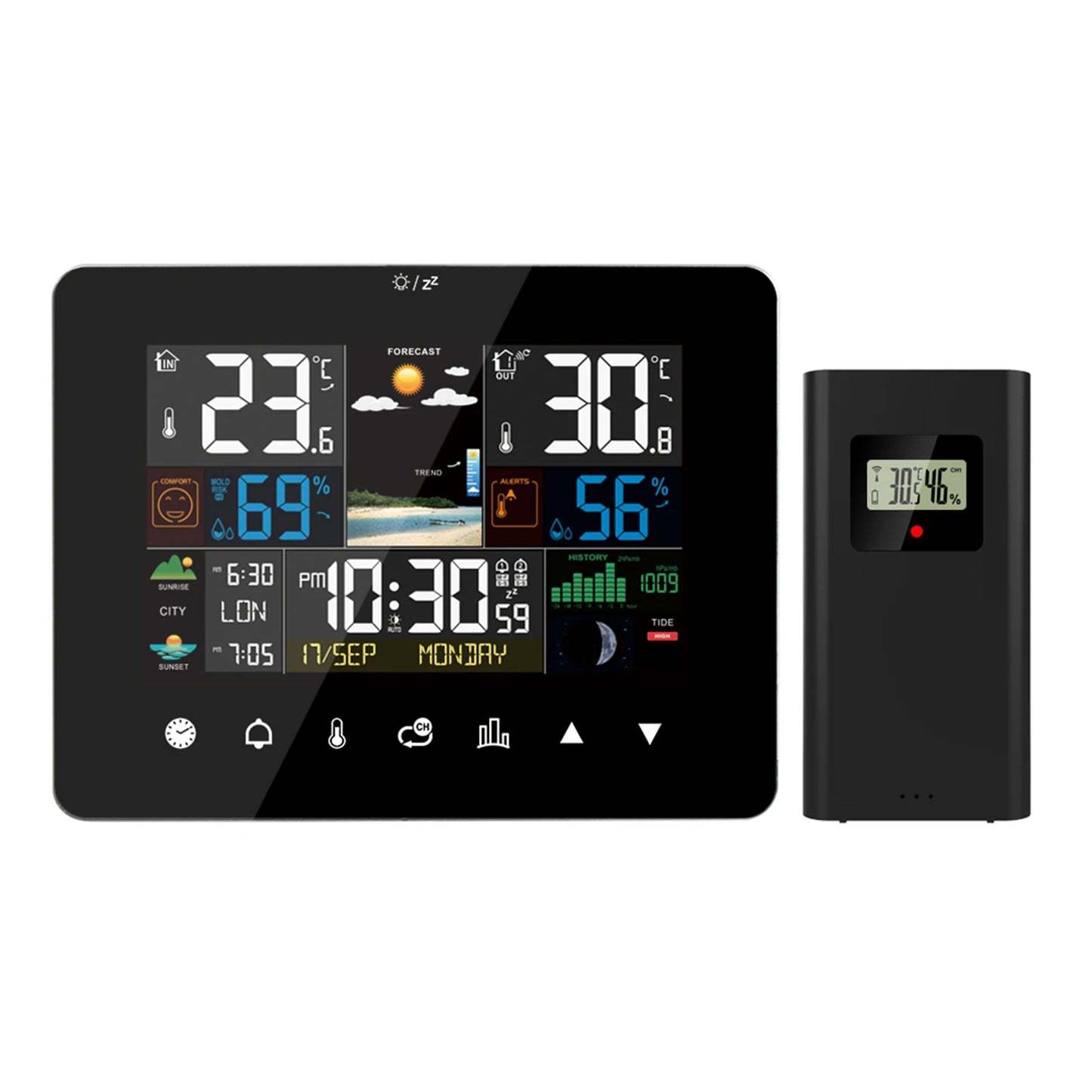 Stazione Meteorologica Multifunzione Sveglia Termometro Igrometro Touch Screen Sensore Wireless Alba Tramonto