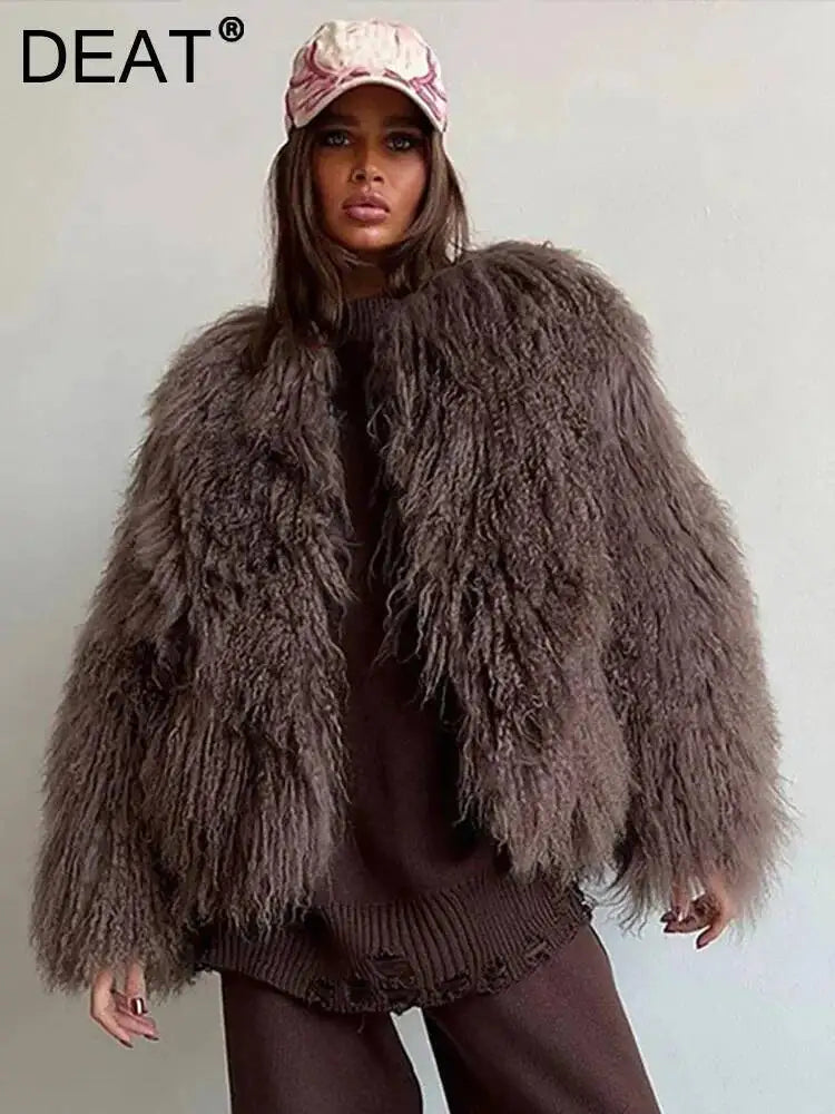 Cappotto Donna Pelliccia Sintetica Marrone Girocollo Allentato Maniche Lunghe Spessa Peluche Giacca Inverno Nuovo 7A1041