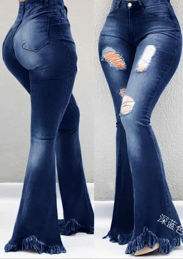 Jeans Strappati Distressed Flare Da Donna Vita Alta In Denim Lavato Candeggiato Con Tasche Estate 2024