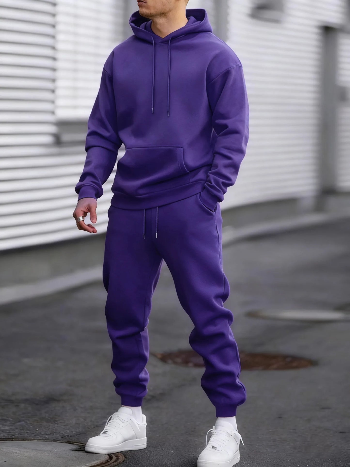 Jogging Solido Nuovo Da Uomo Streetwear All Match Felpa Con Cappuccio Pantaloni Sportivi In Pile Abiti Larghi Autunno