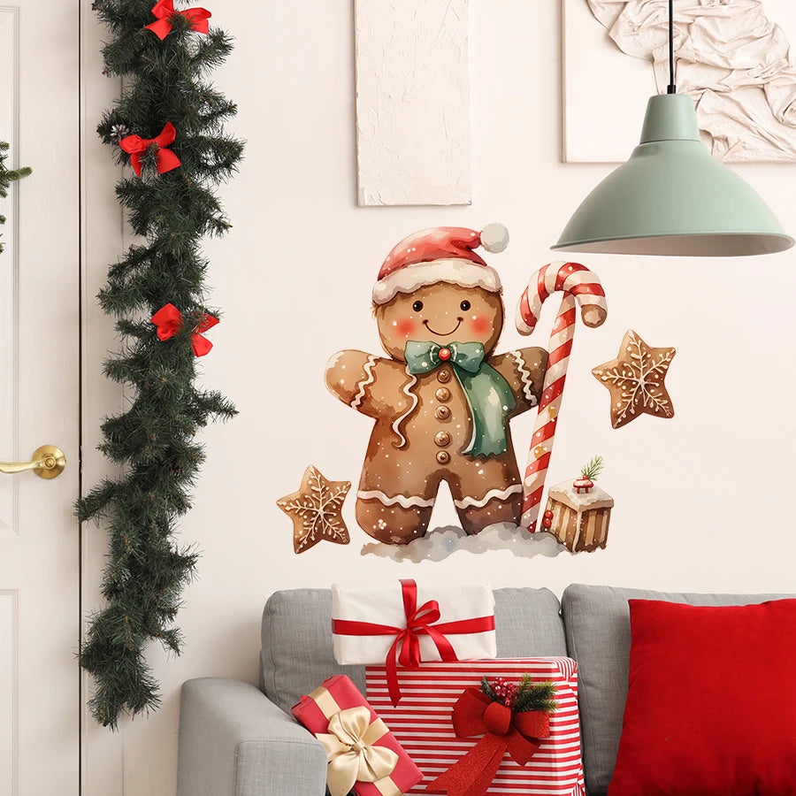 Decalcomania Da Muro Omino Pan Di Zenzero Natale Con Cappello Babbo Natale E Sciarpa Verde PVC Rimovibile Per Camino