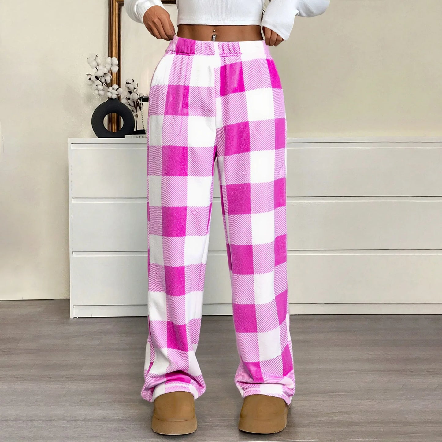 Pantaloni Del Pigiama Da Donna Con Vita Elastica E Scozzesi In Pile Morbidi Con Tasche Peluche