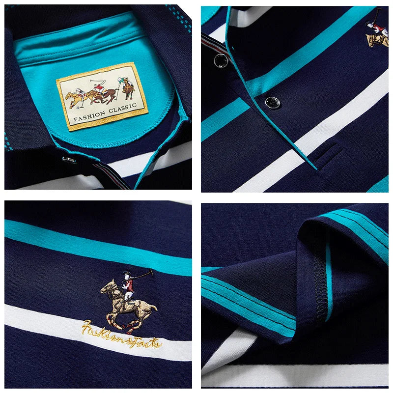 Polo Uomo Slim Fit A Righe In Puro Cotone Estate Manica Corta Collo Flip Elegante
