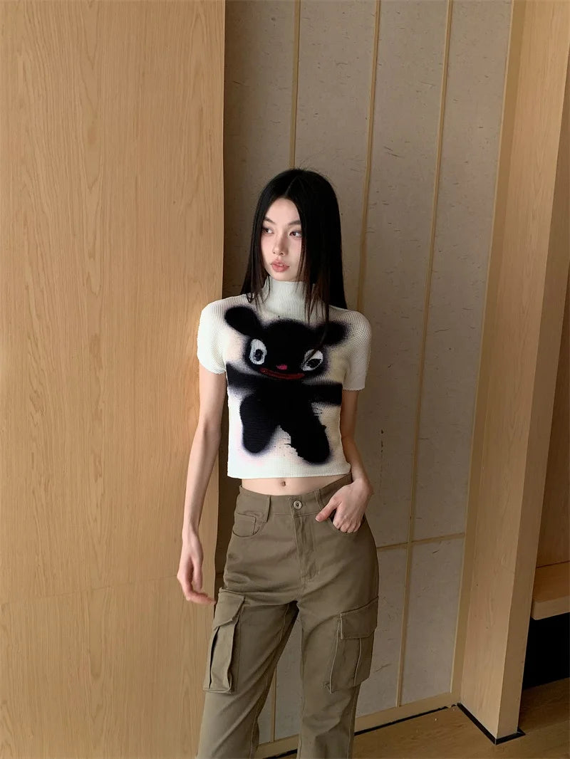 Cheerart Y2K Moda Crop Top Piega Da Donne Estate Manica Corta Kawaii Cartoon T Shirt Abbigliamento