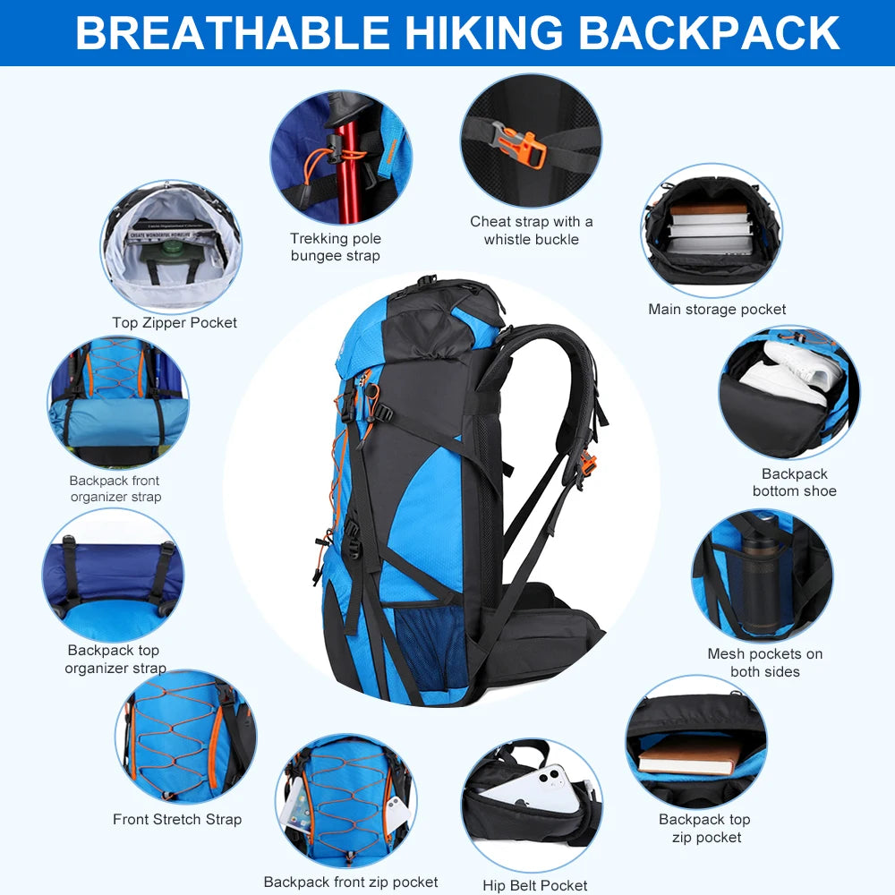 Zaino Trekking Impermeabile WESTTUNE 65 Litri Campeggio Outdoor Capacità Massima