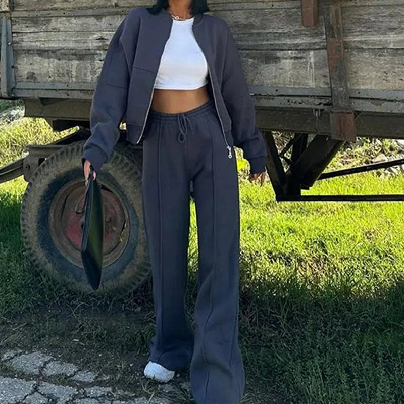 Set Di Tute Da Donna Casual Cardigan Corto Allentato Con Cerniera E Pantaloni Sportivi Con Coulisse Streetwear