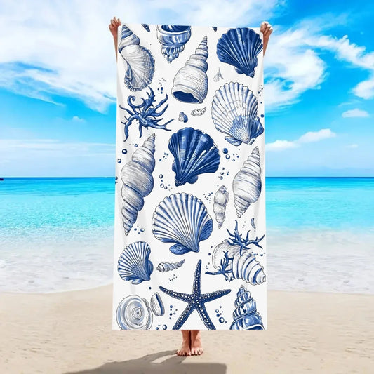 Telo Mare Ocean Element in Diverse Misure con Stampa di Conchiglie e Stelle Marine in Poliestere Assorbente per Spiaggia e Piscina