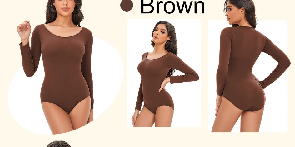 Pokarla Body Suit Spandex Elastico Shapewear Donna Controllo Pancia Manica Lunga Cavallo Aperto Girocollo Shaper