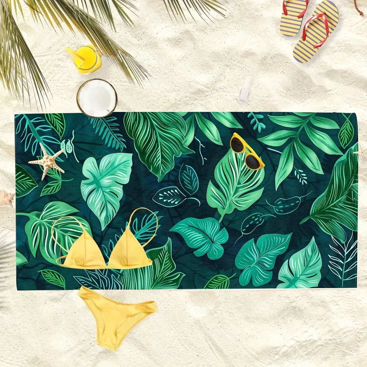 Island Vibes Telo Mare Stampa Foglie Tropicali Assorbimento Rapido Lavabile In Lavatrice Per Asciugamani Da Spiaggia