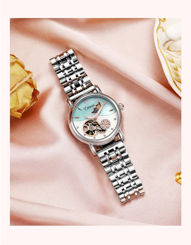 Orologio Da Donna Automatico Impermeabile Con Fasi Lunari E Fiori Girevoli Lusso Di Marca Pregiata