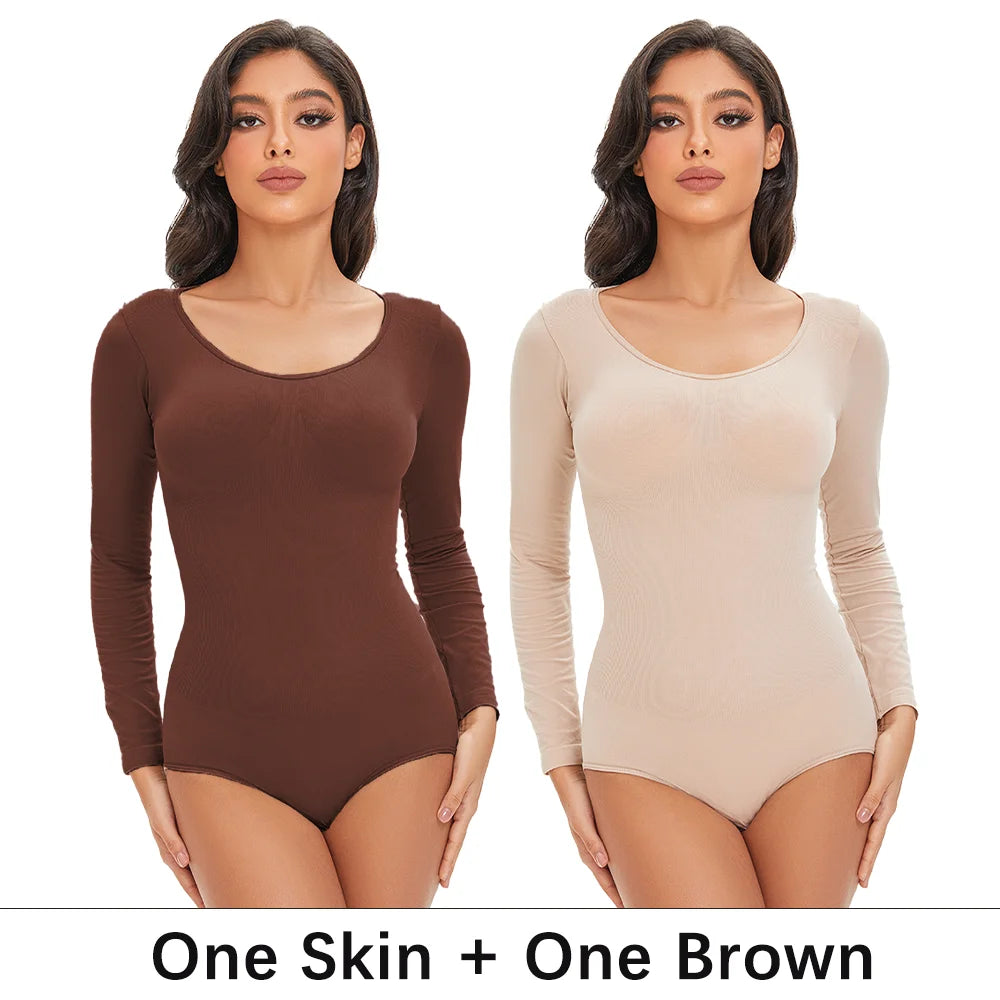 Pokarla Body Suit Spandex Elastico Shapewear Donna Controllo Pancia Manica Lunga Cavallo Aperto Girocollo Shaper