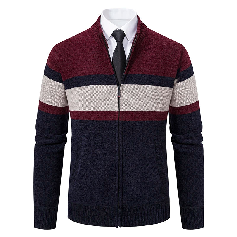 Nuovo Maglione Invernale da Uomo in Pile Spesso con Colletto Coreano e Cerniera Cardigan Casual a Righe