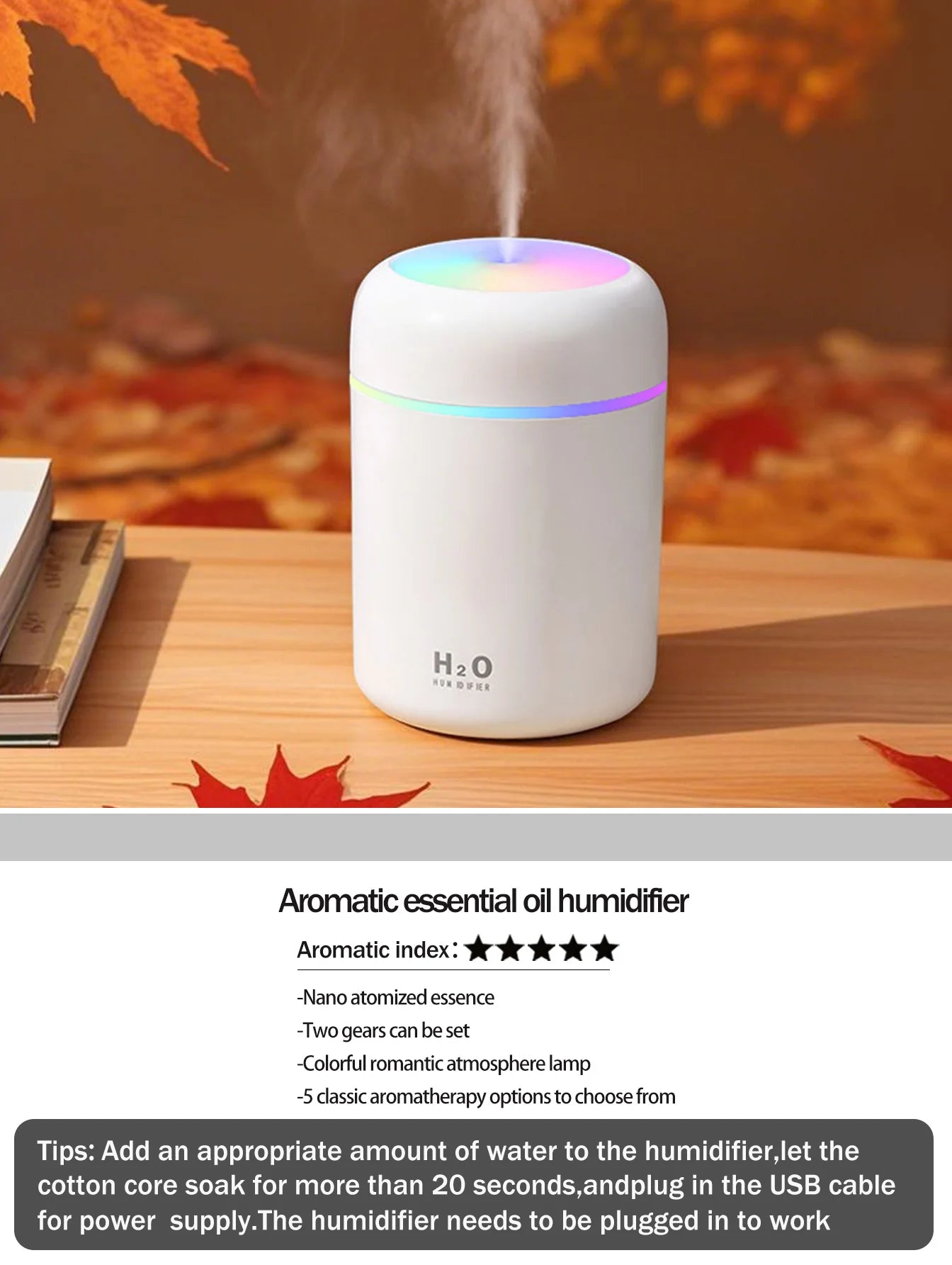 Diffusore Aromaterapia Umidificatore Purificatore D'Aria 300ml Luce a Sette Colori Olio Essenziale per Uso Domestico