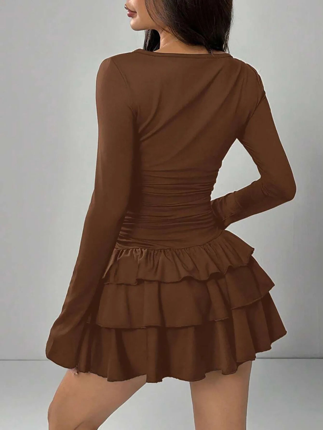 Abito Da Donna Slim Fit Autunno Inverno Midi Vita Alta Empire Tinta Unita Con Increspature E Maniche Svasate