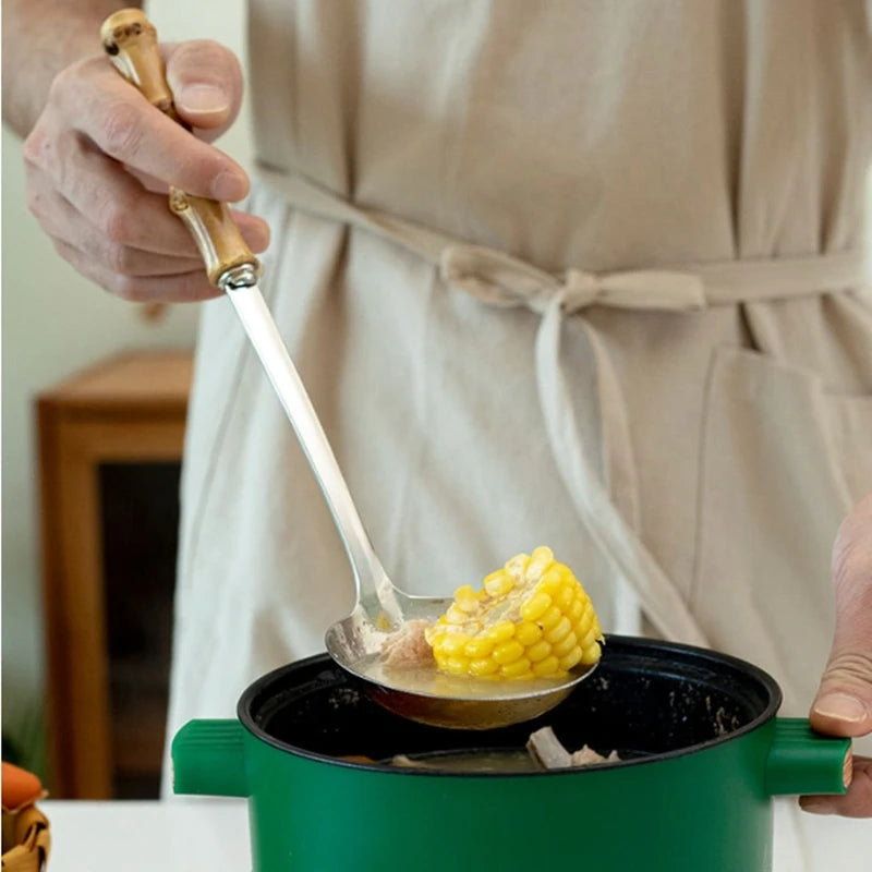 Pala Frittura In Acciaio Inossidabile Con Manico In Bambù Naturale E Cucchiaio Zuppa Giapponese Set Utensili Cucina