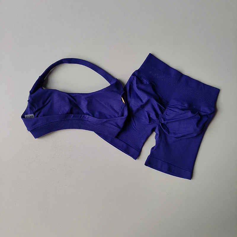 Set Sportivo Da Yoga Donna 2 Pezzi Giacca Seamless Scollo Americana Reggiseno Pantaloncini Elasticizzati Per Fitness