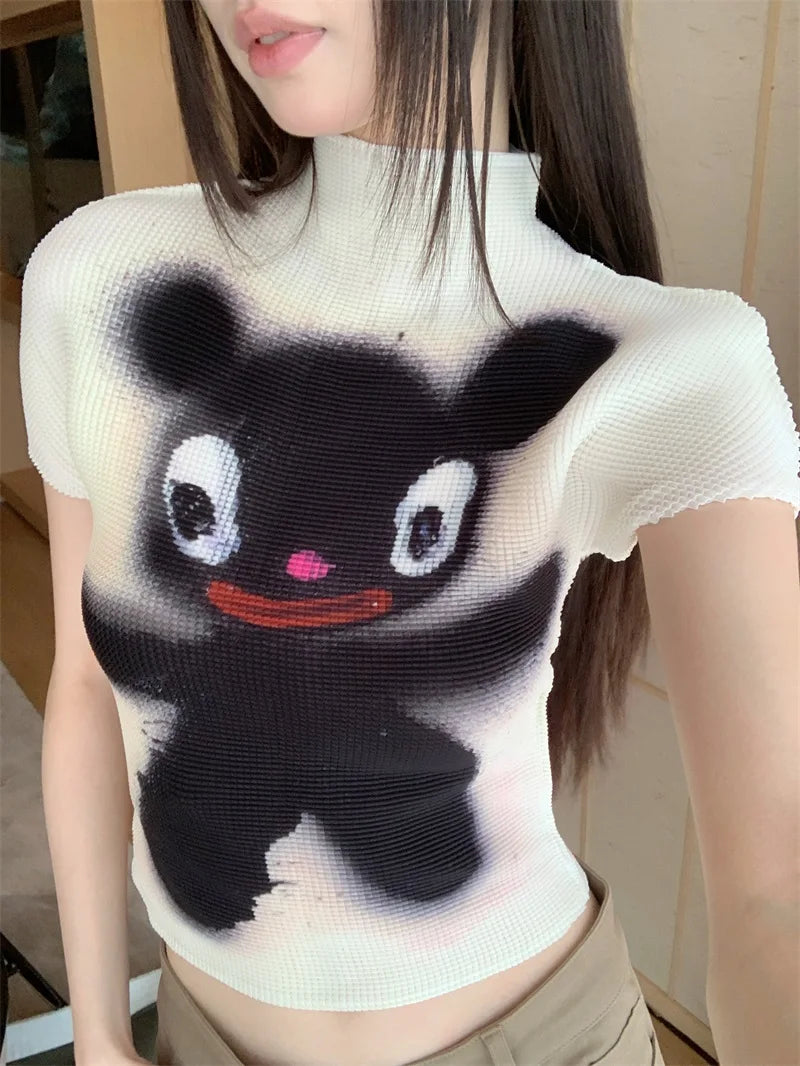 Cheerart Y2K Moda Crop Top Piega Da Donne Estate Manica Corta Kawaii Cartoon T Shirt Abbigliamento