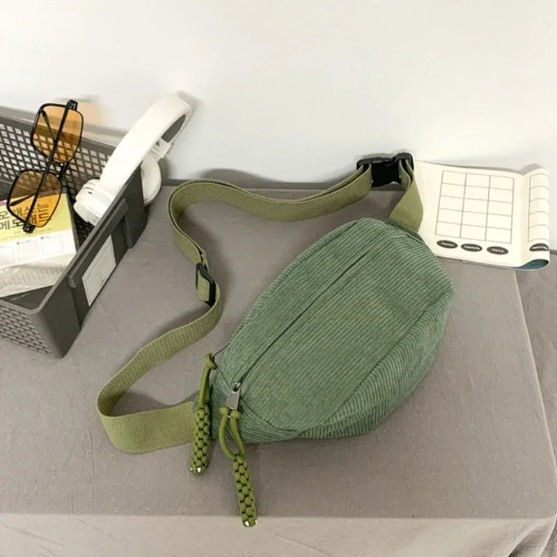 Marsupio da Donna in Velluto a Coste di Grande Capacità Borsa da Petto Stile Street Borsa a Tracolla Cintura Casual