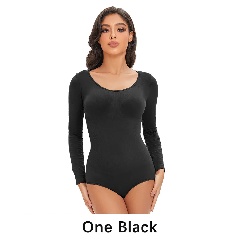 Pokarla Body Suit Spandex Elastico Shapewear Donna Controllo Pancia Manica Lunga Cavallo Aperto Girocollo Shaper