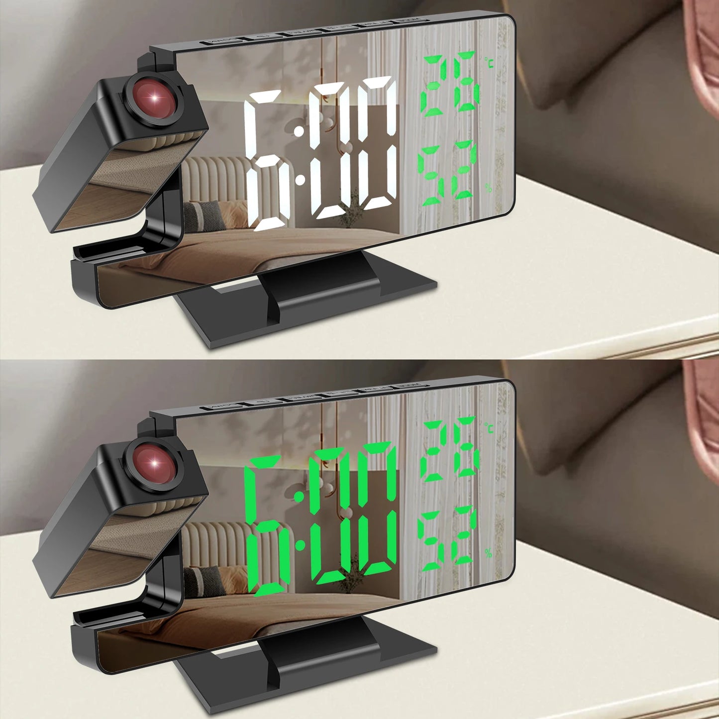 Sveglia Digitale a LED con Proiezione 180 Gradi Schermo Grande a Specchio Orologio da Tavolo per Ufficio e Casa