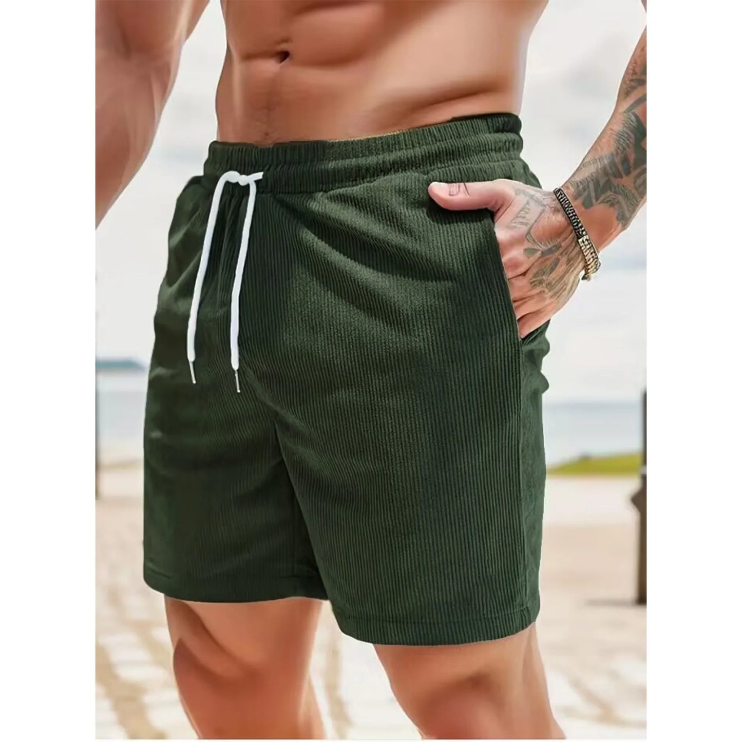 Pantaloncini Estivi Da Uomo In Velluto A Coste Tinta Unita Con Lacci Casual E Semplici