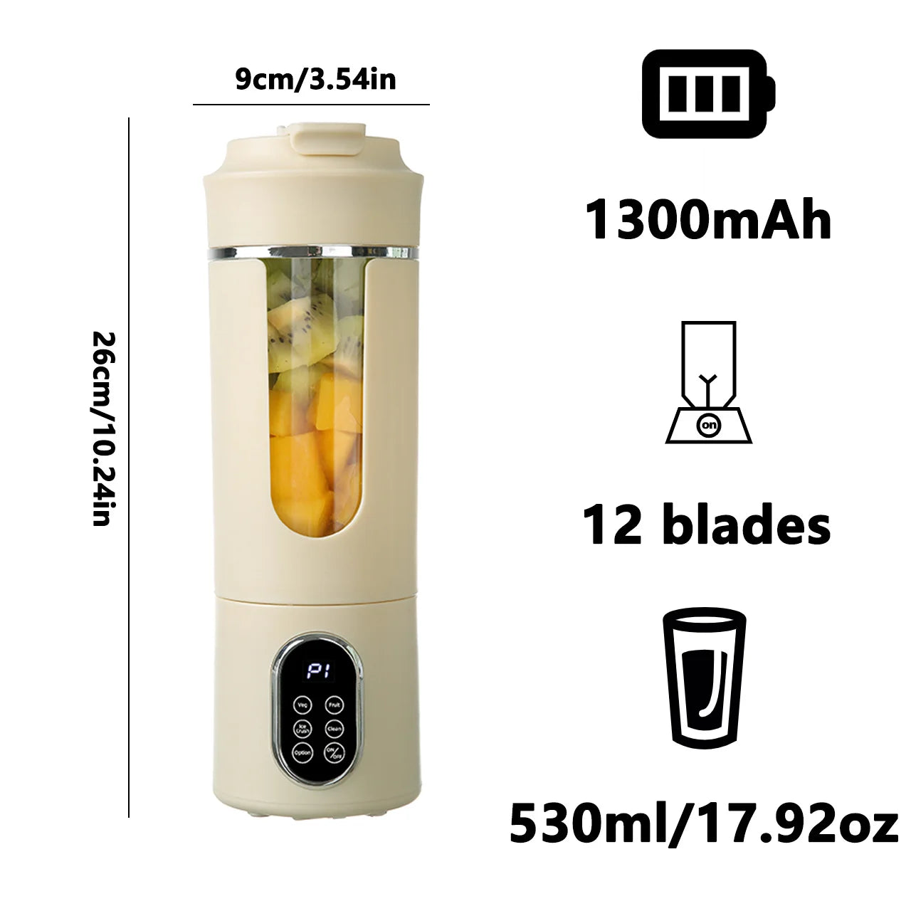 Spremiagrumi Portatile Da 530 Ml USB Ricaricabile Senza Fili Con 12 Lame E 4 Marce Mini Frullatore Per Succo Fresco