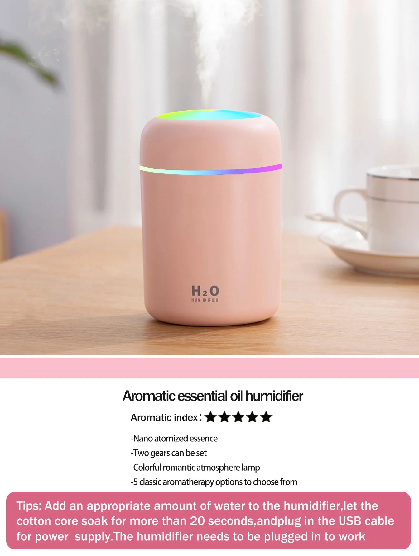 Diffusore Aromaterapia Umidificatore Purificatore D'Aria 300ml Luce a Sette Colori Olio Essenziale per Uso Domestico