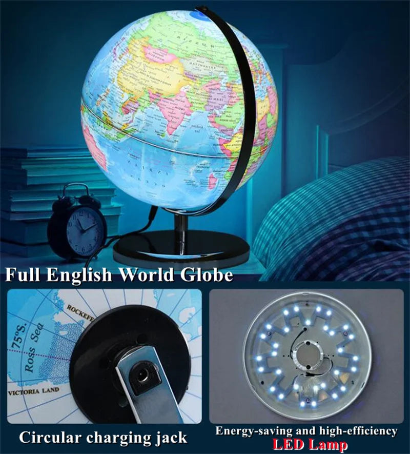 Globo Terrestre Inglese Diametro 20 Cm Con Illuminazione LED A Rotazione 360 Gradi E Base Metallo ABS Per Scrivania