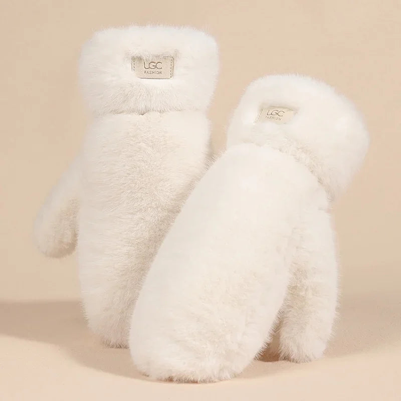 Guanti In Peluche Spessi E Caldi Con Cashmere E Pelliccia Di Coniglio Imitazione Per Donne Antivento Con Dita Intere